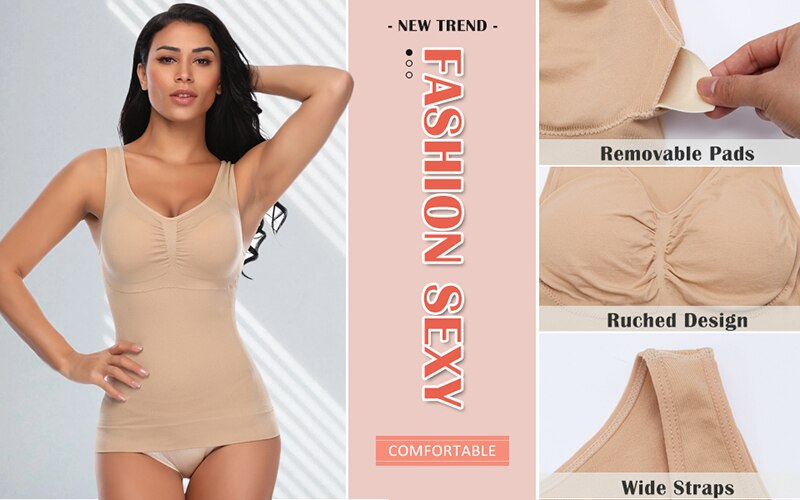 Women Shapewear Tops Cami with Built-in Bra Tummy Control Tank Top Smoothing Camisole Removable Pads Slimming Body Shaper