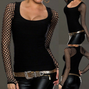 Women Slim Low Cut Long Sleeve Blouse Patchwork Net Tops Punk Rock Gothic Fishnet Shirt